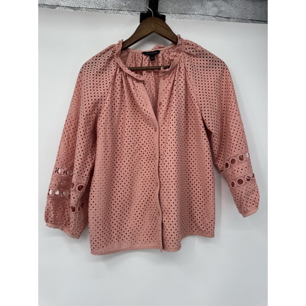 Pink Eyelet Blouse Ruffle‎ Neck Balloon Sleeve Boho Cottagecore Peasant Romantic - Picture 2 of 12